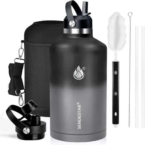 Vista 14 de SENDESTAR Botella de agua aislada de 24 onzas, boca ancha, botella de agua de 24 onzas con tapa con popote, tapa de boquilla, acero inoxidable