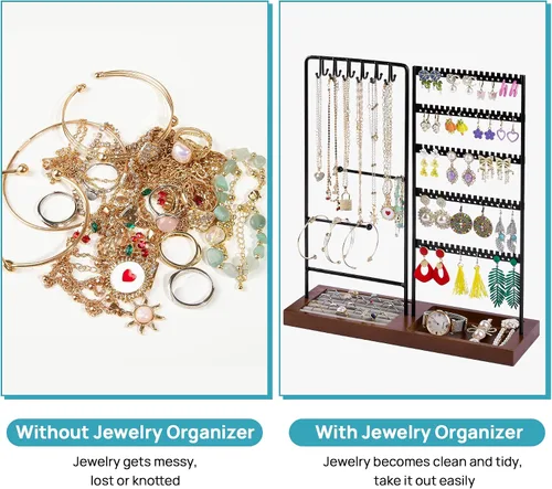 Vista 3 de Vtopmart Soporte organizador de joyas para aretes, collares, anillos, pulseras, exhibición y almacenamiento, con 90 agujeros, 12 ganchos, negro +
