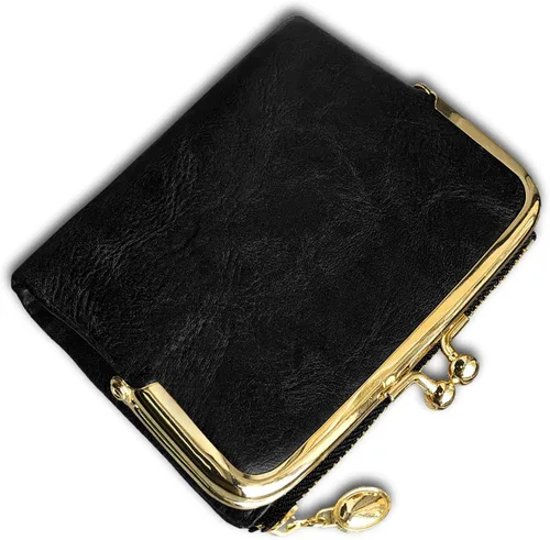 Vista 6 de Cartera para mujer pequeña plegable Rfid Mini monedero vintage con cremallera y cierre de beso (negro)