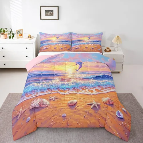 Vista 27 de Castle Fairy Juego de edredón de verano para niños, tamaño individual, diseño náutico reversible con diseño náutico de estrellas de mar, barco y Azul