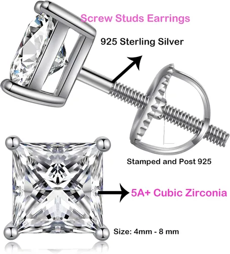 Vista 7 de Jiamiaoi 18k White Gold Plated Simulated Diamond Stud Earrings Screw Back Sterling Silver Cubic Zirconia Stud Earrings Set 4 Millimeters-8