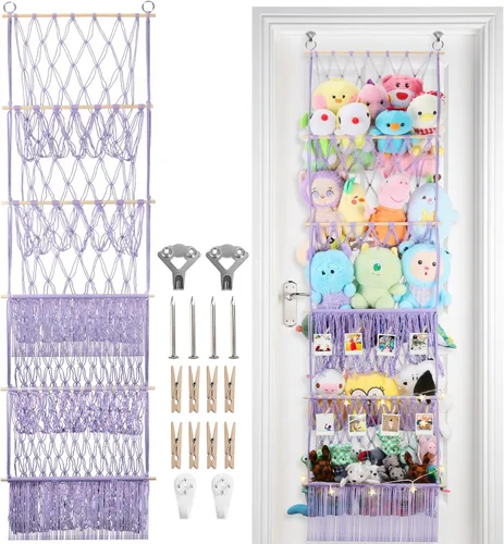 Vista 12 de Red de almacenamiento de animales de peluche de 2 niveles, 17 x 32 pulgadas, organizador grande de animales de peluche para pequeños rellenos
