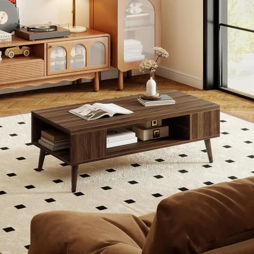 Vista 3 de Giantex Mesa auxiliar moderna de mediados de siglo, mesa central rectangular de 42 pulgadas con 2 estantes de almacenamiento y compartimento