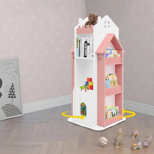 Vista 2 de Estantería giratoria para niños, estante giratorio de 360 grados para almacenar libros, libros de fotos, decoraciones, juguetes, obras de arte