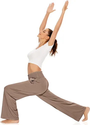Vista 4 de UEU Pantalones de cintura alta con volantes fruncidos y pierna ancha para mujer, estilo casual, holgados, pantalones de yoga con bolsillos