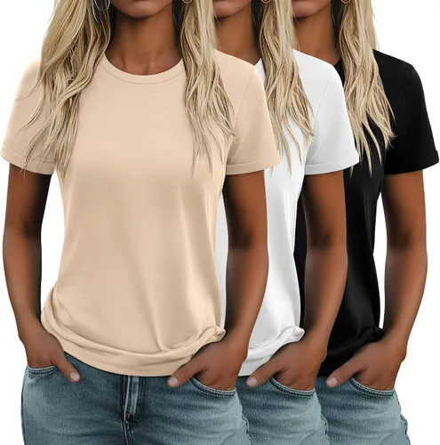 Vista 40 de Huukeay Paquete de 3 camisetas de algodón para mujer, estilo casual, de manga corta, cuello redondo, ajuste holgado, básica, lisa