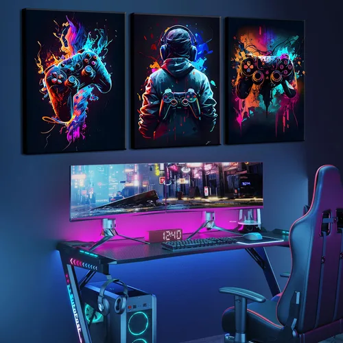 Vista 5 de 3 piezas de arte de pared de videojuegos geniales retro acuarela pósters cuadros coloridos neón gamepad lienzo pintura impresiones para habitación