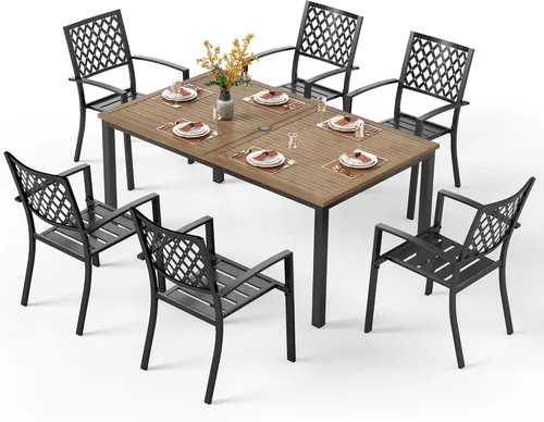 Vista 40 de PHI VILLA Juego de comedor al aire libre de 7 piezas para 6, mesa rectangular de metal negro de 60 pulgadas con agujero para sombrilla y sillas
