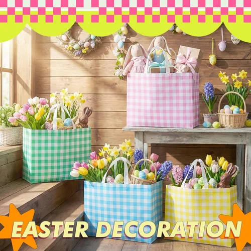 Vista 6 de Colarr 12 piezas bolsas de mano de Pascua extra grandes con asa, bolsa de regalo de primavera, no tejida, a cuadros búfalo, impermeable