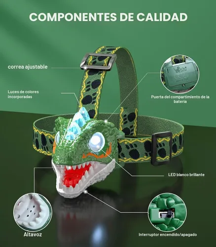 Vista 6 de Linterna de Cabeza para Niños - Linterna LED de Dinosaurio con Banda Ajustable para Niños y Niñas, 3 Modos de Iluminación - Perfecta para Acampar