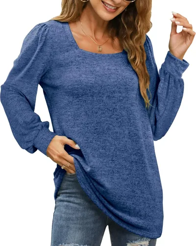 Vista 2 de WIHOLL Camisetas tipo túnica para mujer ajuste holgado manga larga cuello cuadrado