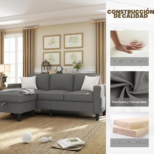 Vista 5 de ZeeFu Sofá para sala de estar – Sofá seccional en forma de L de lino beige de 78 pulgadas con otomana de almacenamiento – Moderno sofá tapizado