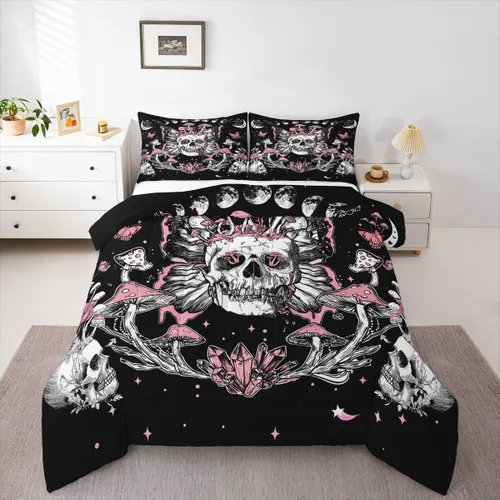 Vista 11 de Juego de edredón de polilla de la muerte, juego de ropa de cama tamaño individual, diseño de calavera gótica, flores botánicas, juego de edredón