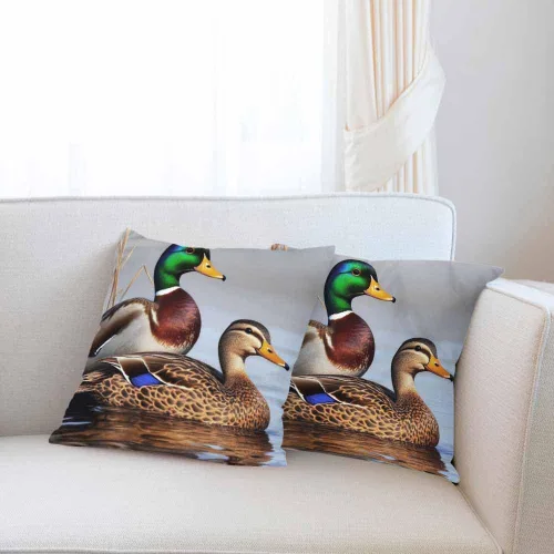 Vista 2 de Juego de 2 almohadas decorativas cuadradas con diseño de pato y pato verde para nadar en el lago para sofá y cama, para mujeres, hombres, niños