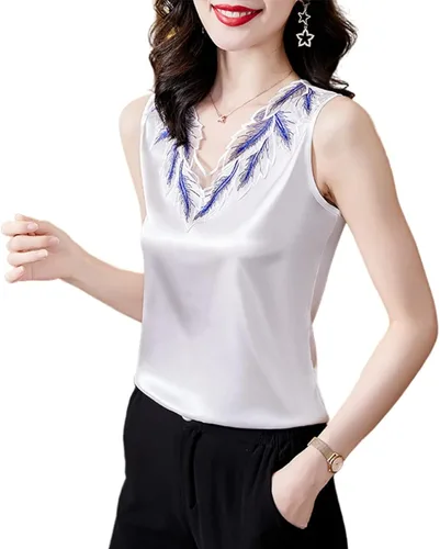 Vista 3 de LQHHYLYX Camisola sin mangas de satén de seda de encaje para mujer con cuello redondo