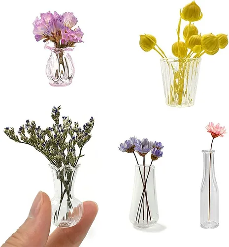 Vista 10 de iLAND Accesorios de casa de muñecas en miniatura para muebles de casa de muñecas, jarrones de vidrio con juego de flores secas (4 piezas elegantes)