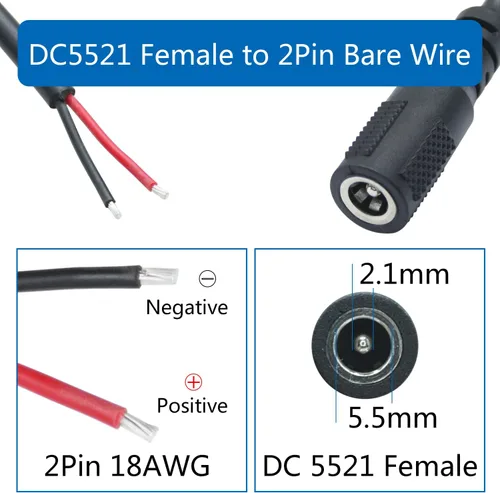 Vista 3 de Cable de alimentación de 12 V CC, 18 AWG 0.5 M/1.65 pies CC 0.217 in x 0.083 in enchufe hembra a cable desnudo cable de alimentación de extremo