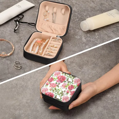 Vista 7 de WELLDAY Jewelry Box Red and Pink Roses Portable Travel Jewelry Case Organizer Bag Storage Box for Necklace, Earrings, Rings, Bracelet