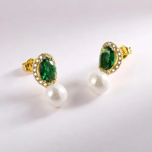Vista 3 de Zaano Aretes colgantes de perlas para mujer, aretes de piedra natal verde esmeralda, chapados en oro de 14 quilates, regalo de joyería, Circonita