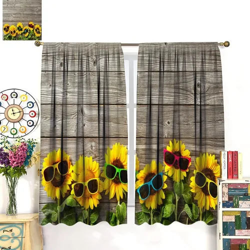 Vista 2 de Cortina de girasoles de verano, girasoles con gafas de sol sobre madera, bolsillo para barra, cortinas opacas para dormitorio, cocina, sala