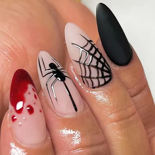 Vista 17 de Paquete de 6 144 uñas acrílicas de Halloween a presión, uñas postizas reutilizables de cobertura completa, uñas postizas adhesivas con pegamento