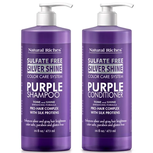 Vista 7 de Natural Riches Juego de champú y acondicionador morado para cabello rubio, plateado y gris, sin sulfatos, seguro para el color, elimina los tonos