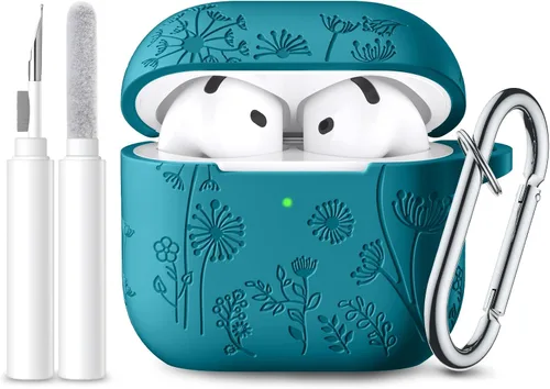 Vista 12 de Lerobo Funda para AirPods 5/4, funda de silicona suave grabada con flores A-Negro