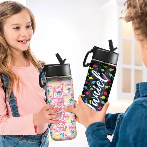 Vista 6 de InterestPrint Botella de agua personalizada para niños de 18 onzas con tapa de pajilla, botella de agua aislada de doble pared de acero inoxidable