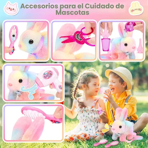 Vista 3 de NINAOR Juguetes interactivos de peluche para niños con bolsas de mano, conejo robot de peluche con correa que salta y orejas que se mueven, juguetes