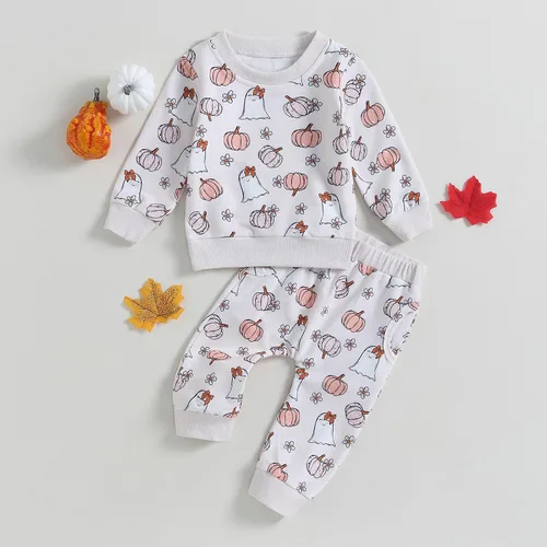 Vista 24 de YINGISFITM Conjunto de camisa de calabaza de Halloween para bebé, niña, niño, sudadera y pantalones para otoño e invierno