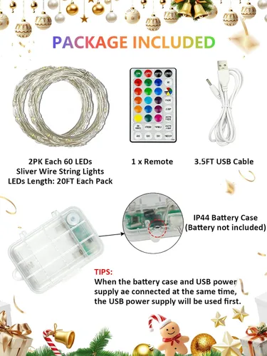 Vista 8 de Serie de luces LED RGB parpadeantes que cambian de color, funciona con pilas, para decoración de interiores y exteriores, con temporizador y control