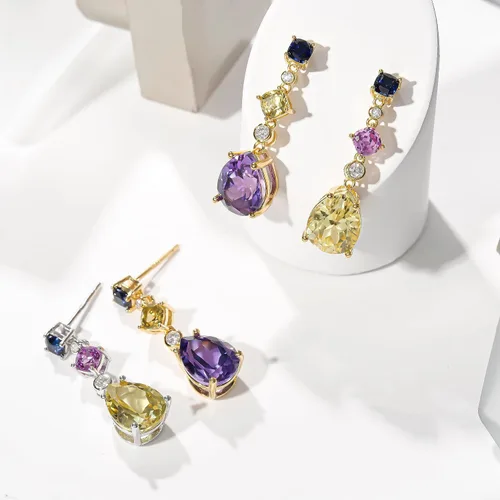 Vista 5 de Aretes de plata de ley para mujer, aretes de piedras preciosas con corte de pera, aretes largos de piedra de zafiro múltiple