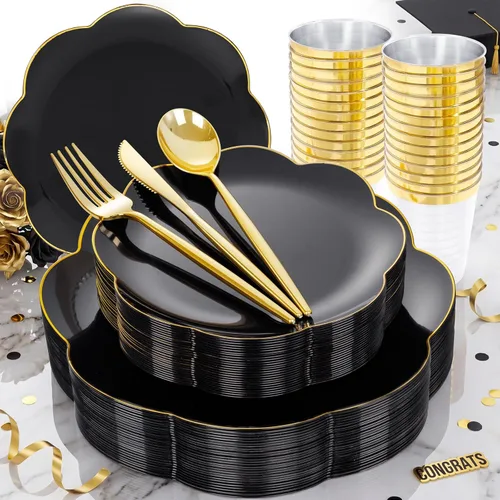 Vista 14 de ejonirinjonir EI - 180 platos de plástico beige con cubiertos de plástico dorado, platos desechables de alta resistencia para fiestas, juego