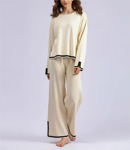 Vista 2 de Conjunto de 2 piezas de suéter para mujer, conjunto de punto de manga larga, sin botones, pantalones de pierna ancha
