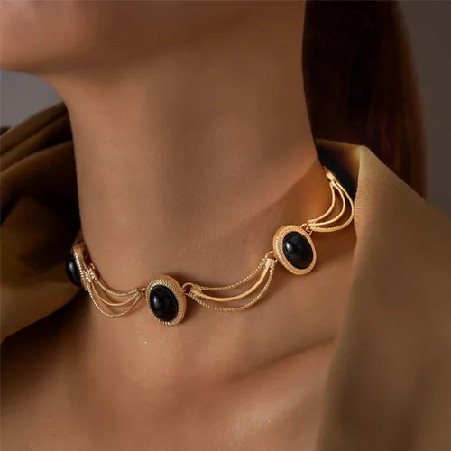 Vista 5 de Gargantilla de elipse de la época medieval vintage, collar ovalado geométrico dorado para mujer, regalo