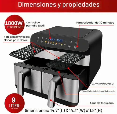 Vista 2 de Freidora de aire de doble cesta de 9.5 cuartos de galón, freidora digital grande de doble zona, 2 cajones, preajustes de cocción 8 en 1, con acabado