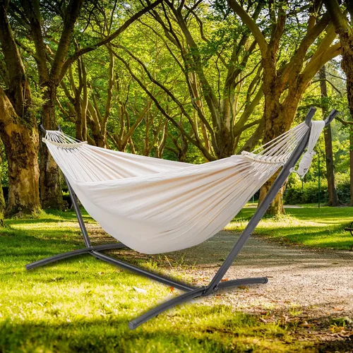 Vista 6 de SZHLUX Hamaca doble con soporte incluido, capacidad de 450 lb, soporte de acero, bolsa de transporte premium incluida. Cama de algodón