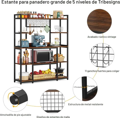 Vista 7 de Tribesigns Estante Grande para Panaderos, Aparador de Cocina de 55" de Ancho Soporte para Microondas con 11 Ganchos, Estante de Panadero de 5