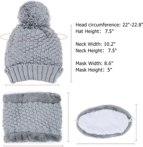 Vista 5 de Gorro de invierno para mujer, conjunto de bufanda y máscara para mujer, grueso y cálido, forro polar, con forro polar, 3 piezas