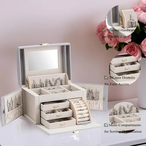 Vista 3 de Vlando Organizador de caja de joyería con espejo, caja de almacenamiento de joyería de cuero, collares, aretes, anillos, soportes, soporte de caja