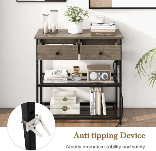 Vista 13 de GIANTEX - Mesa consola industrial con tomacorrientes, mesa de entrada estrecha de 3 niveles Long Sofa Table w/ USB Ports, 2 Storage Drawers, Entry