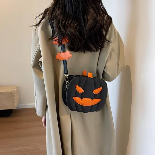 Vista 2 de Bolso cruzado de calabaza de Halloween para mujer, novedoso bolso de calabaza, bolso de hombro de diablo de Halloween, divertido bolso cruzado