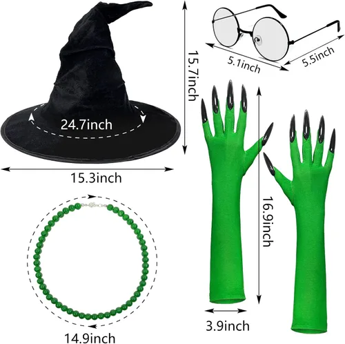 Vista 3 de Sombrero de bruja de Halloween, disfraz de bruja, gafas con guantes para mujer, accesorios de cosplay de película de Halloween, suministros