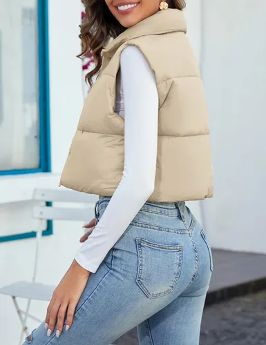 Vista 3 de PEHMEA Chaleco acolchado para mujer, cuello alto, ligero, sin mangas, con cremallera, chaleco de abrigo
