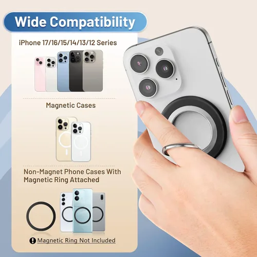 Vista 8 de Agarre magnético para teléfono para conducir manos libres y uso en la cama, soporte de metal compatible con iPhones MagSafe, soporte de anillo