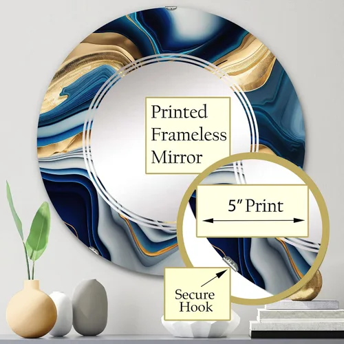 Vista 3 de DesignQ Modern wall mirror, Oval Modern mirror, Round Blue bathroom mirror, Abstract Transitional vanity mirror Vibrant Agate in Blue and Gold II