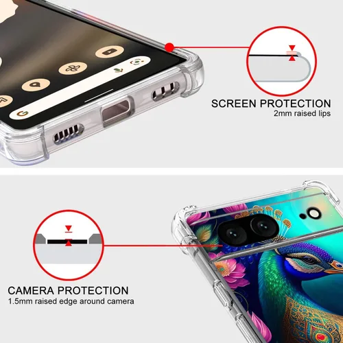 Vista 4 de Pixel 7 - Funda protectora de poliuretano termoplástico resistente a los arañazos y a prueba de golpes con diseño de mandala de pavo real colorido