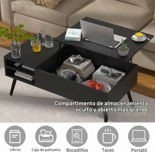Vista 4 de Mesa de centro moderna con tapa elevadora con almacenamiento oculto para sala de estar, mesa de piso con elevador, mesa central de madera