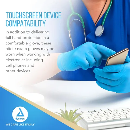 Vista 4 de Dynarex SafeTouch Guantes de nitrilo para exámenes, sin látex, libre de polvo.