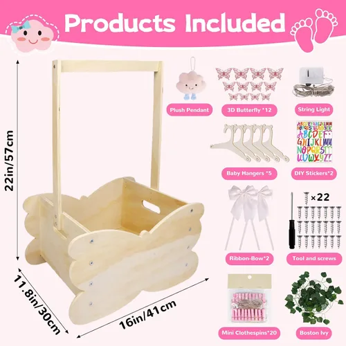 Vista 5 de Cesta de baby shower, armario de madera para baby shower con asa, armario de bebé de gran capacidad, cesta de regalo personalizada para bebés